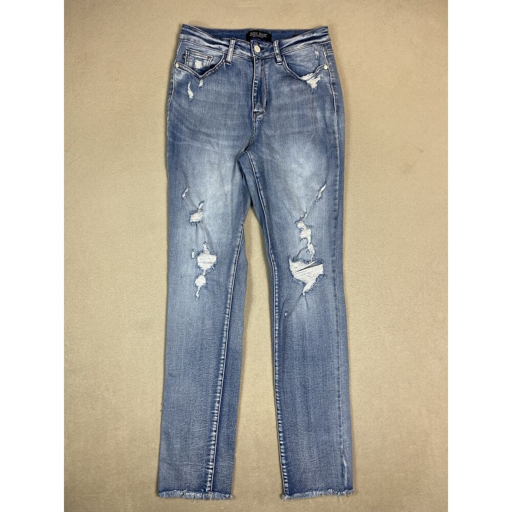 Judy Blue Jeans Womens 7/28 Blue Boyfriend Fit Distressed Mid Rise Straight Leg